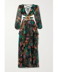 PATBO Oasis Maxikleid Aus Bedrucktem Chiffon Und Stretch-jersey Mit Volants Und Cut-outs - Schwarz