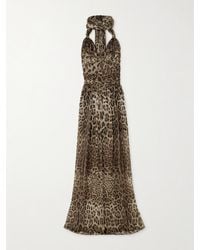 Dolce & Gabbana - Scarf-Detailed Smocked Leopard-Print Silk-Chiffon Gown - Lyst