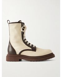 Brunello Cucinelli - Lace-Up Leather-Trimmed Raffia Boots - Lyst