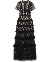 Needle & Thread Lace-trimmed Ruffled Embroidered Tulle Gown - Black