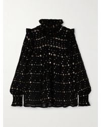 Saint Laurent - Ruffled Shirred Metallic Silk-Blend Fil Coupé Crepon Blouse - Lyst