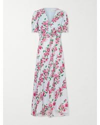 Saloni - Floral-Print Silk-Satin Midi Dress - Lyst