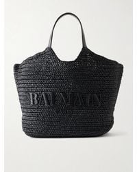 Balmain - Cabas Large Logo-Embroidered Leather-Trimmed Raffia Shoulder Bag - Lyst