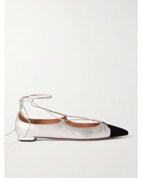Aquazzura - Gabi Lace-Up Metallic Leather Point-Toe Flats - Lyst