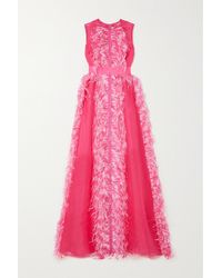 Huishan Zhang Beau Feather And Grosgrain-trimmed Silk-organza Gown - Pink