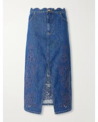 FARM Rio - Scalloped Richilieu Denim Midi Skirt - Lyst