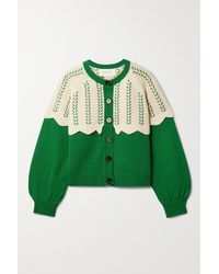 The Great The Scallop Two-tone Embroidered Cotton-blend Cardigan - Green