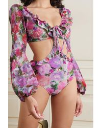 PATBO Blossom Cutout Ruffled Floral-jacquard Swimsuit - Pink