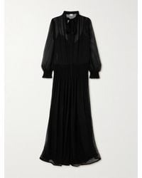 Saint Laurent - Robe Longue En Mousseline De Soie À Col Noué Et À Smocks - Lyst