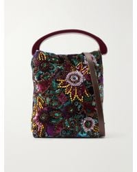 Dries Van Noten - Bead-Embellished Printed Leather-Trimmed Velvet Top-Handle Bag - Lyst