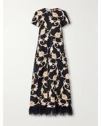 La DoubleJ - Swing Floral-Print Feather-Trimmed Silk-Satin Maxi Dress - Lyst