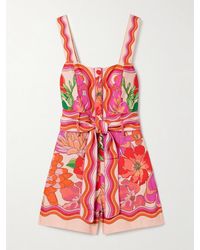 FARM Rio - Playsuit Aus Einer Bedruckten Leinenmischung Mit Bindegürtel - Lyst
