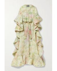 Monique Lhuillier Ruffled Belted Floral-print Gazar Coat - Green