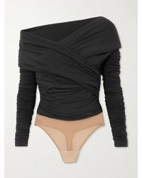 Sergio Hudson - Ruched Mesh-Trimmed Stretch-Bamboo Viscose Jersey Bodysuit - Lyst