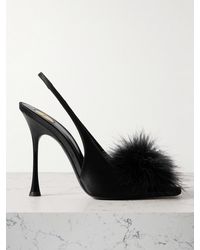 Saint Laurent - Paradis Slingback-Sandalen Aus Satin Mit Federn - Lyst