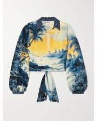 CAMILLA - Cropped Embellished Printed Linen And Silk-Blend Wrap Shirt - Lyst