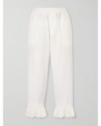 Saint Laurent - Cropped Ruffled Lace-Trimmed Cotton-Poplin Straight-Leg Pants - Lyst