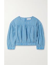 Apiece Apart Teresa Cropped Striped Organic Cotton-seersucker Blouse - Blue