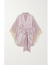 Carine Gilson Belted Chantilly Lace-trimmed Silk-satin Robe - Purple