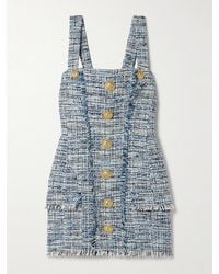Balmain - Button-Embellished Frayed Cotton-Blend Tweed Mini Dress - Lyst