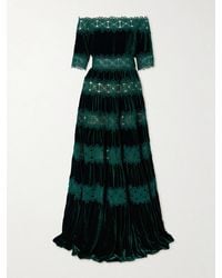 Costarellos - Off-The-Shoulder Striped Lace And Velvet Gown - Lyst