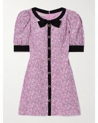 Alessandra Rich - Clover Bow And Button-Embellished Floral-Print Silk Mini Dress - Lyst