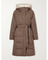 Brunello Cucinelli - Hooded Belted Padded Quilted Shearling-Trimmed Wool-Blend Down Jacket - Lyst
