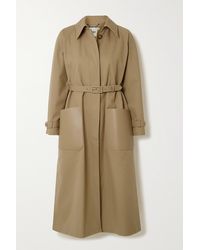 Ferragamo Belted Leather-paneled Silk-twill Trench Coat in Blue - Lyst