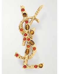 Saint Laurent - Broche En Métal, Œils-De-Tigre Et Héliolites Cassandre - Lyst