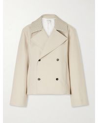 Bottega Veneta - Double-Breasted Intrecciato Leather-Trimmed Striped Wool And Cotton-Blend Jacket - Lyst