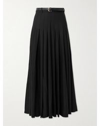 Self-Portrait - Belted Leather-Trimmed Pleated Twill Maxi Skirt - Lyst