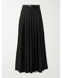 Self-Portrait - Belted Leather-Trimmed Pleated Twill Maxi Skirt - Lyst