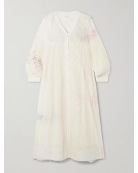 Eka - Viola Lace-Trimmed Printed Embroidered Cotton And Silk-Blend Voile Midi Dress - Lyst