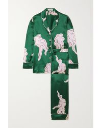 Olivia Von Halle Lila Waltz Pyjama Aus Bedrucktem Seidensatin - Grün