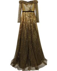 Marchesa notte Off-the-shoulder Velvet-trimmed Ombré Sequined Tulle Gown - Black