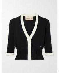 Valentino Garavani - Cropped Bow-Embellished Two-Tone Ribbed-Knit Cotton Cardigan - Lyst