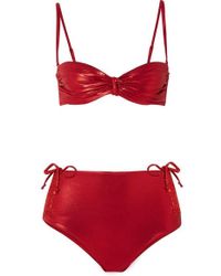 Leslie Amon Thea Bandeau-bikini Aus Stretch-lamé Mit Raffungen - Rot