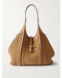 Tod's - T Timeless Leather-Trimmed Raffia Shoulder Bag - Lyst