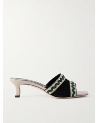 Manolo Blahnik - Marebis 50 Embroidered Raffia-Trimmed Suede Mules - Lyst