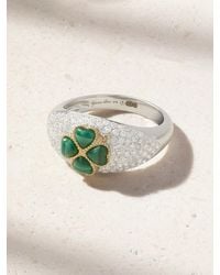 Yvonne Léon - Mini Bague Dôme Trèfle Ring Aus 9 Karat Weiß- Und Gelbgold Mit Malachiten Und Diamanten - Lyst