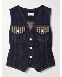 Ganni - Neppy Checked Tweed-Trimmed Organic Denim Vest - Lyst