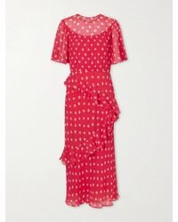 Saloni - Vida E Ruffled Polka-Dot Silk-Blend Crepon Midi Dress - Lyst