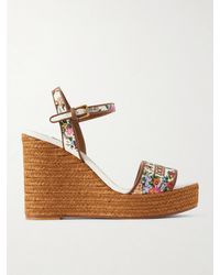 Dolce & Gabbana - Leather-Trimmed Embroidered Canvas Platform Wedge Sandals - Lyst