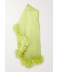 ‎Taller Marmo Ubud One-shoulder Feather-trimmed Crepe Maxi Dress - Green