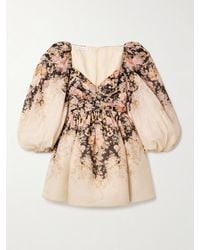 Zimmermann - Illustration Minikleid Aus Organza Aus Einer Leinen-Seidenmischung Mit Blumenprint Und Falten - Lyst