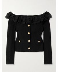 Alessandra Rich - Schulterfreie Jacke Aus Tweed Aus Einer Wollmischung Mit Spitzenbesatz Und Kristallen - Lyst