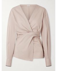 Brunello Cucinelli - Embellished Cotton-Blend Poplin Wrap Blouse - Lyst
