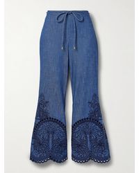 Zimmermann - Coco Belted Embroidered Cotton-Chambray Flared Pants - Lyst