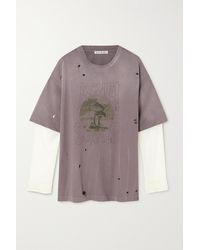 Acne Studios Printed Layered Distressed Organic Cotton-jersey And Chiffon T-shirt - Grey