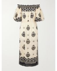 Johanna Ortiz - Harbor Hues Off-The-Shoulder Ruched Printed Cotton-Poplin Midi Dress - Lyst
